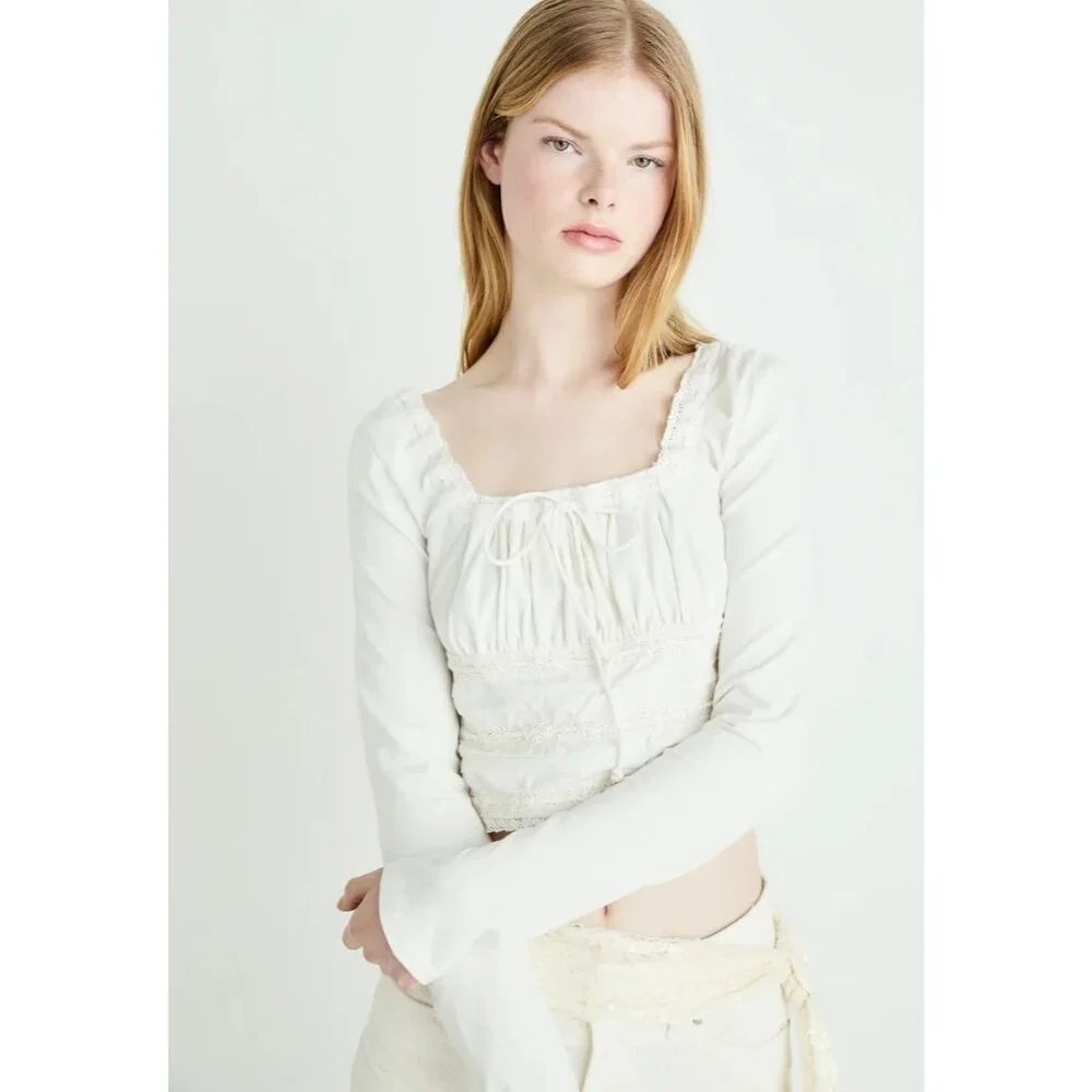 Free People Scarlet Smocked Long Sleeve in Clean Ivory Small New Womens Tee Top